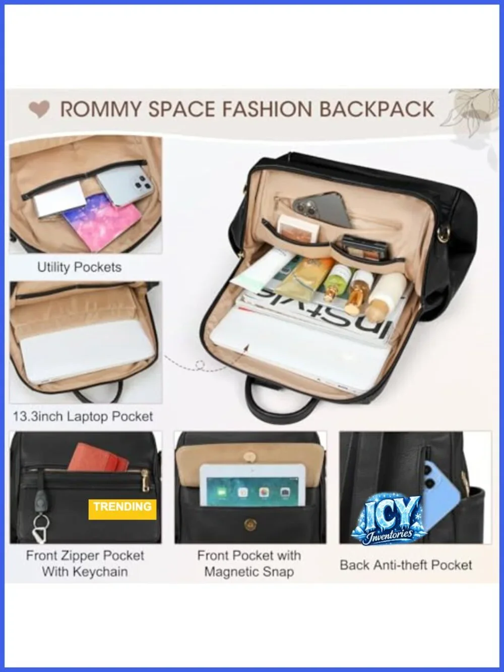 Women's PU Leather Anti-Theft Convertible Travel Backpack Purse with Laptop